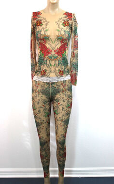 Vtg Y2K Wild Rose Ladies Tattoo Leggings & Shirt Set Tan Mesh Size XS Canada